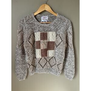 Vintage Y2K Sweater Patchwork N Crochet Crop Cottage Upcycled Brown Prairie